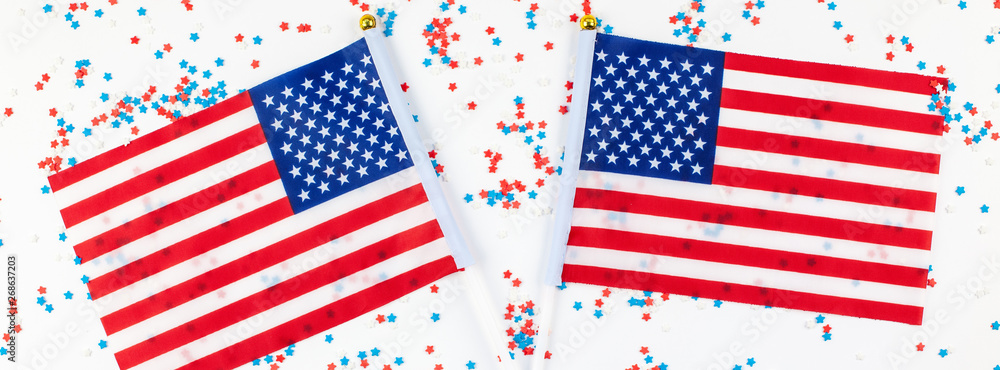 American flags on white background top view American flags on white background top view