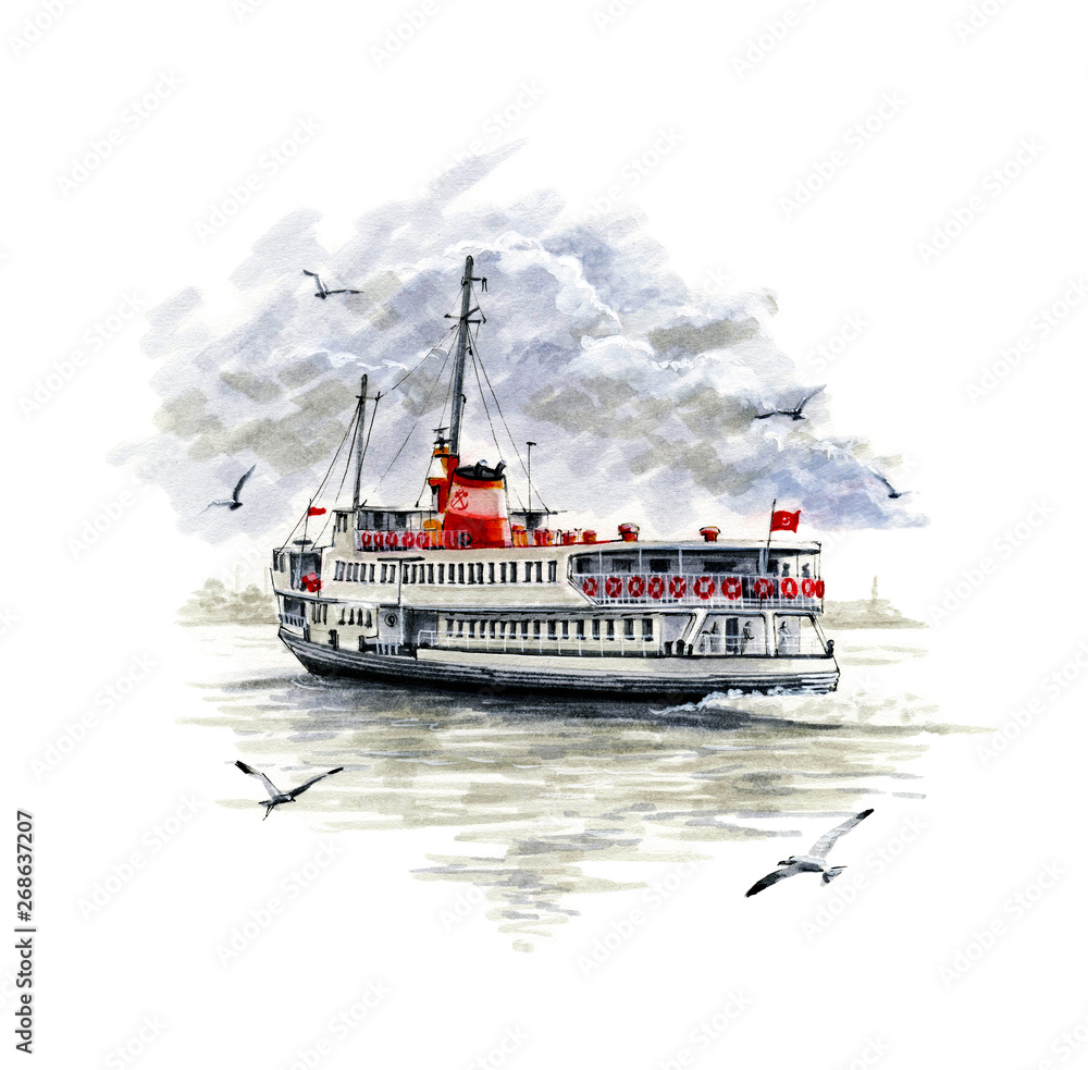 Obraz premium Pejzaż morski z promem w İstanbul. Akwarela ilustracja. Na białym tle.