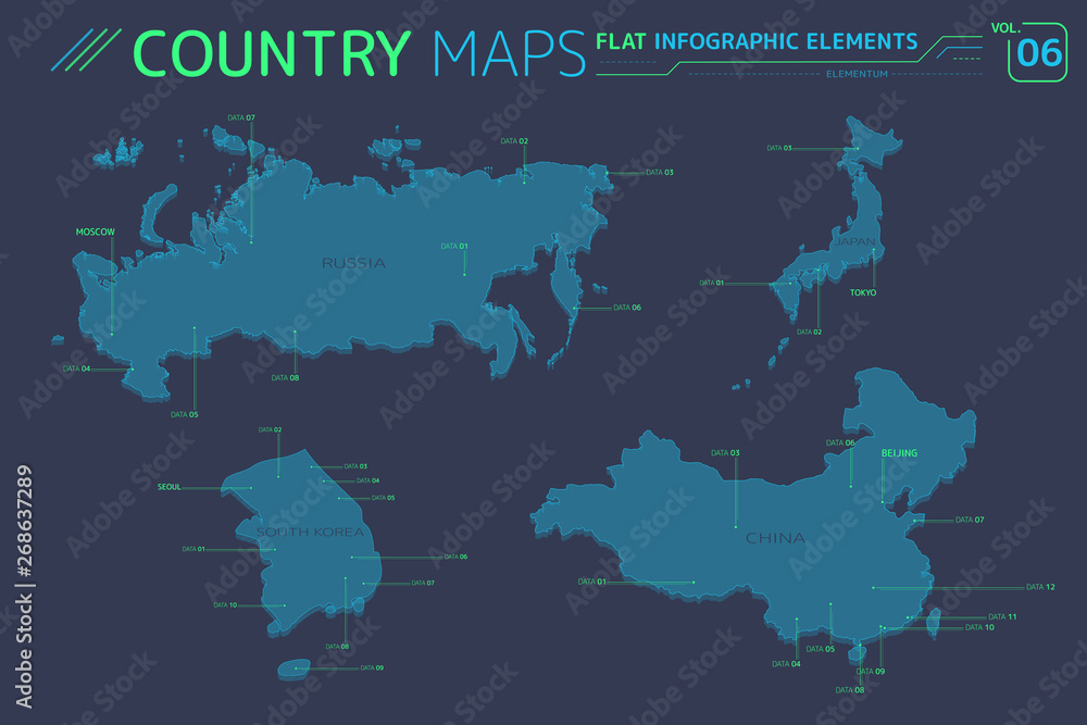 Fototapeta premium Russia, China, Japan and South Korea Vector Maps