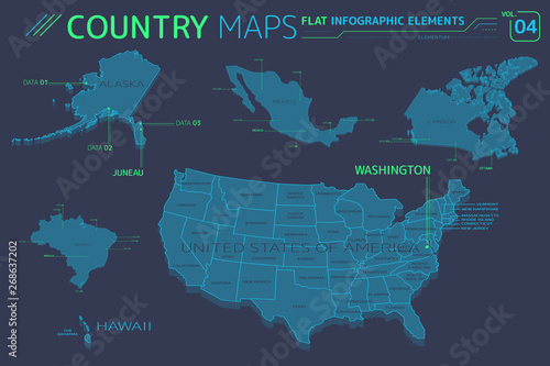 United States of America, Alaska, Hawaii, Mexico, Canada and Brazil Vector Maps