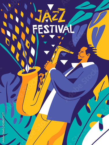 Jazz festival poster. Saxophone player with floral background. Modern minimal flat colors illustration.