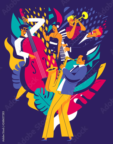 Summer music festival poster. Multiple musicians composition on abstract floral background. Modern flat colors illustration. 