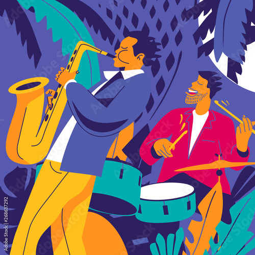 Jazz musicians. Drummer and saxophonist on dark blue background. Modern flat colors illustration.