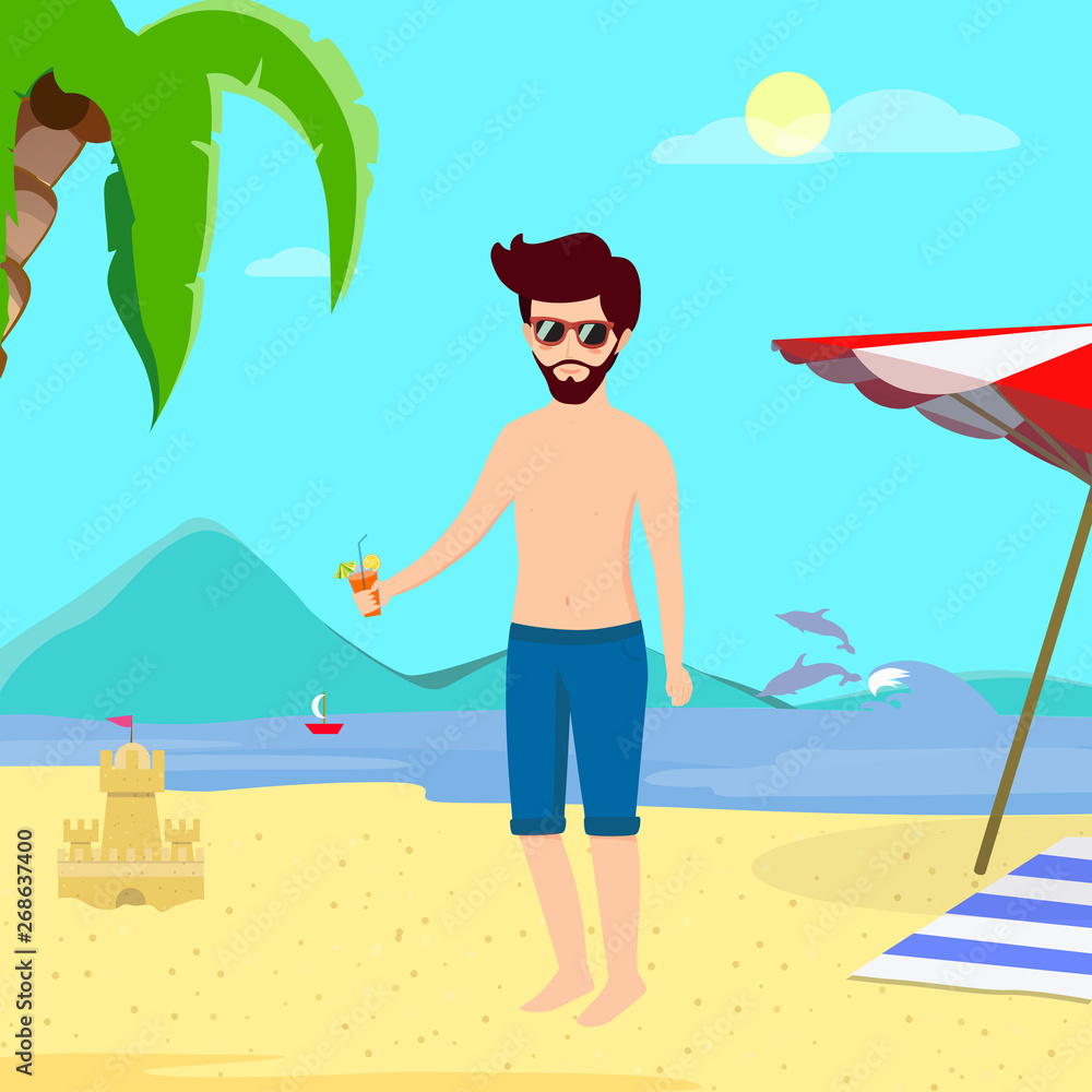 Young Man Drinking Cocktail on Summer Sandy Beach. Young Man Drinking Cocktail on Summer Sandy Beach.