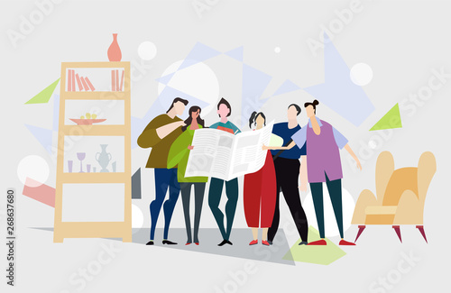 Εκτύπωση καμβά Group of friends of family members reading the news paper and descaling the article