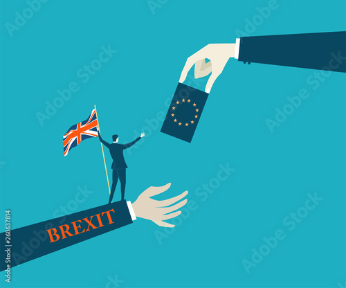 Brexit concept illustration. Businessman with British flag waving to the EU in hope of reunion 