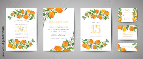 Set of Botanical wedding invitation card, vintage Save the Date, template design of orange, citrus fruit, flowers and leaves, blossom illustration. Vector trendy cover, graphic poster, brochure