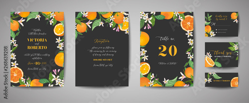 Set of Botanical wedding invitation card, vintage Save the Date, template design of orange, citrus fruit, flowers and leaves, blossom illustration. Vector trendy cover, graphic poster, brochure