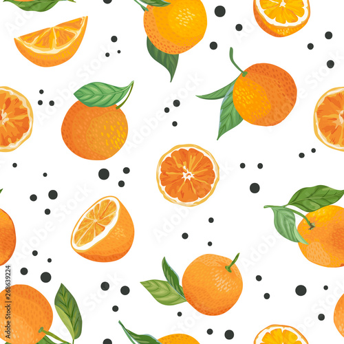 Fototapeta Naklejka Na Ścianę i Meble -  Seamless Orange pattern with tropic fruits, leaves, flowers background. Hand drawn vector illustration in watercolor style for summer cover, citrus tropical wallpaper, vintage texture