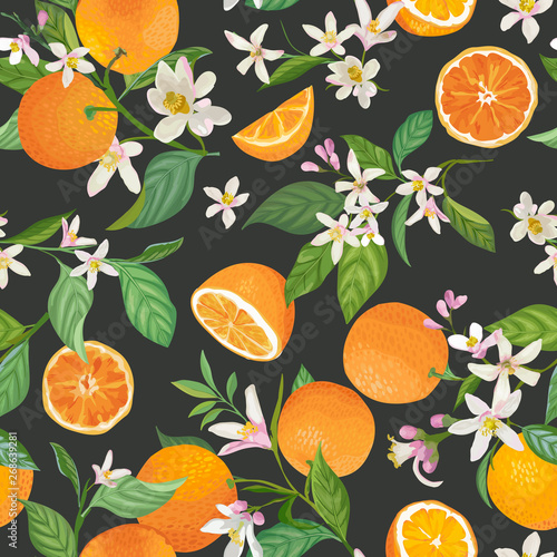 Seamless Orange pattern with tropic fruits, leaves, flowers background. Hand drawn vector illustration in watercolor style for summer cover, citrus tropical wallpaper, vintage texture