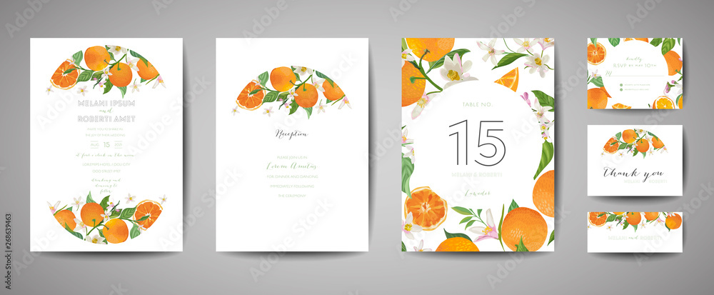 Set of Botanical wedding invitation card, vintage Save the Date, template design of orange, citrus fruit, flowers and leaves, blossom illustration. Vector trendy cover, graphic poster, brochure
