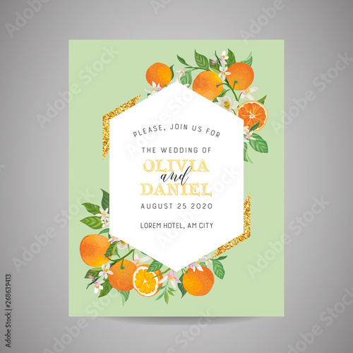 Botanical wedding invitation card, vintage Save the Date, template design of orange, citrus fruit, flowers and leaves, blossom illustration. Vector trendy cover, graphic poster, brochure