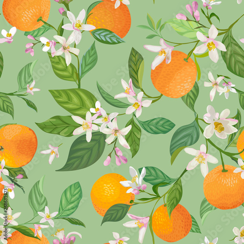 Seamless Orange pattern with tropic fruits, leaves, flowers background. Hand drawn vector illustration in watercolor style for summer cover, citrus tropical wallpaper, vintage texture