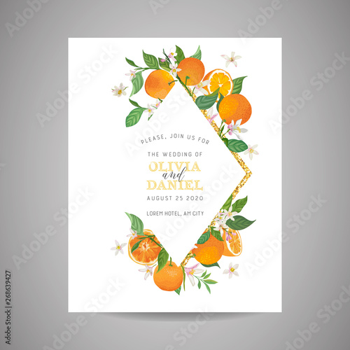 Botanical wedding invitation card  vintage Save the Date  template design of orange  citrus fruit  flowers and leaves  blossom illustration. Vector trendy cover  graphic poster  brochure