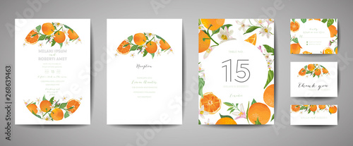 Set of Botanical wedding invitation card, vintage Save the Date, template design of orange, citrus fruit, flowers and leaves, blossom illustration. Vector trendy cover, graphic poster, brochure