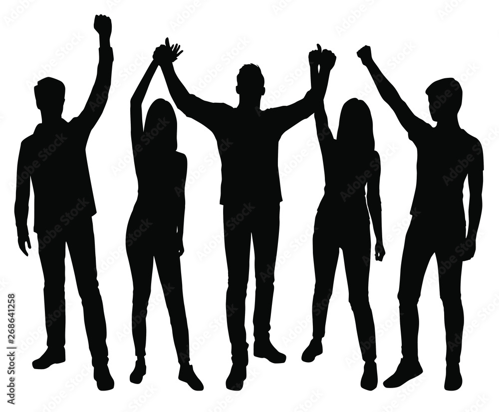 Set vector silhouettes men and women standing,  profile, hands up, different poses,    group business  people,   black color, isolated on white background