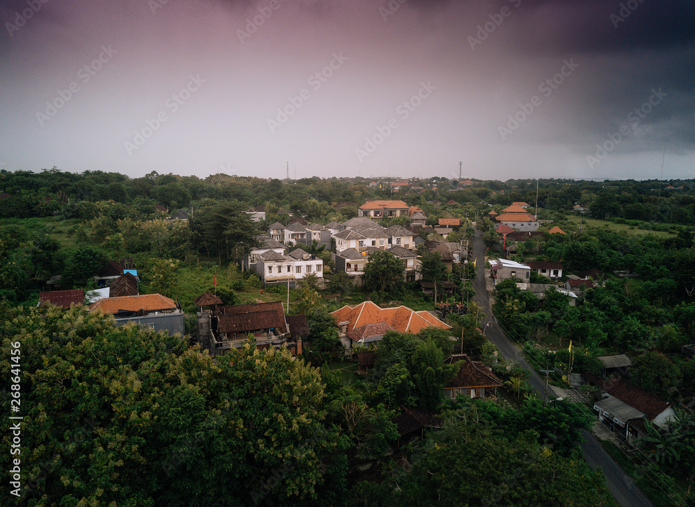 Drone cityscape and forest view. Asian homes and dark cloudy sky. High panorama from above