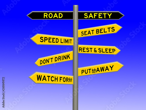 Road safety concept 3d sign on a signpost against a blue white gradient background