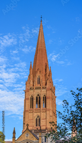 The church spire of St Paul's Cathedral in the city of Melbourne, Australia.