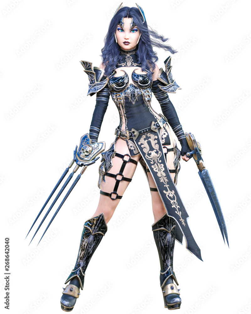 Warrior amazon woman sword and metal blade.Long dark hair.Elven warrior.Comic hero.Muscular athletic body.Girl standing aggressive pose.Conceptual fashion art.3D rendering isolate illustration Warrior amazon woman sword and metal blade.Long dark hair.Elven warrior.Comic hero.Muscular athletic body.Girl standing aggressive pose.Conceptual fashion art.3D rendering isolate illustration