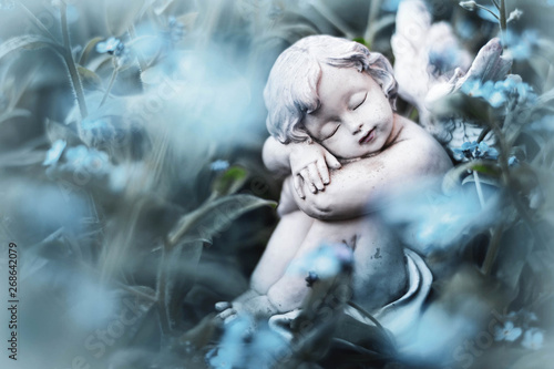 Obraz na plátně Guardian angel sleeping in blue flowers
