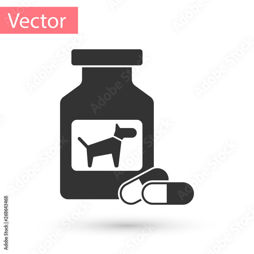 Grey Dog medicine bottle and pills icon isolated on white background. Container with pills. Prescription medicine for animal. Vector Illustration