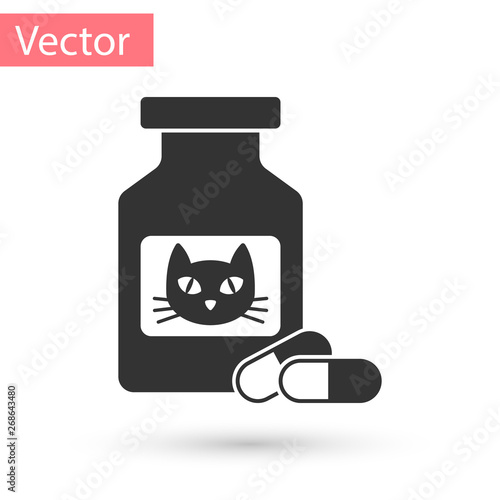 Grey Cat medicine bottle and pills icon isolated on white background. Container with pills. Prescription medicine for animal. Vector Illustration