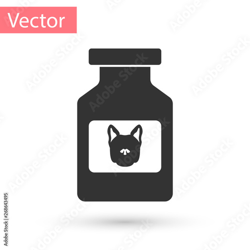 Grey Dog medicine bottle icon isolated on white background. Container with pills. Prescription medicine for animal. Vector Illustration