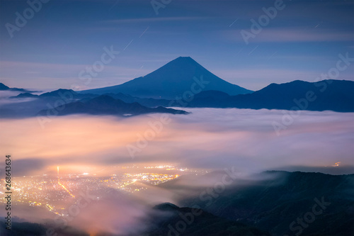 Mt.Fuji and sea of mist at night seen from Mt.Kushikata view point