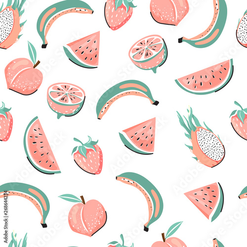 Seamless tropical pattern with dragon fruit, peach, watermelon, lemon, banana and strawberry. Creative childish texture for textile, postcard, wrapping paper, packaging etc. Vector illustration.