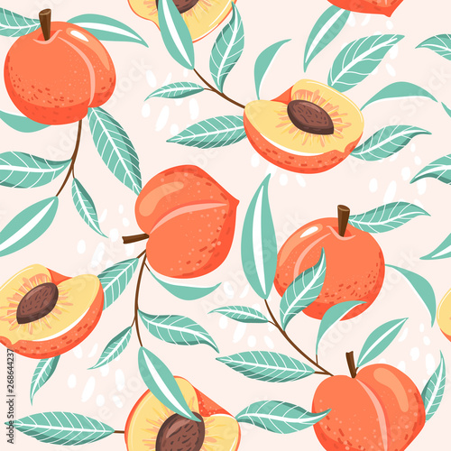 Seamless pattern with peach, slices, green leaves and abstract element. Summer vibes. Vector texture for textile, postcard, wrapping paper, packaging etc. Vector illustration.
