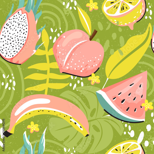 Seamless tropical pattern with watermelon, dragon fruit, peach, lemon, banana and leaves. Creative contemporary floral collage. Texture for textile, wrapping paper, packaging etc. Vector illustration.