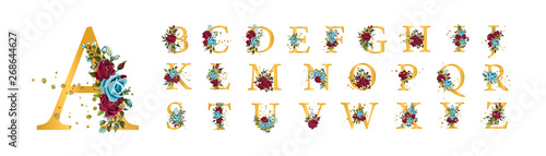 Golden floral alphabet font uppercase letters with bordo navy blue roses
