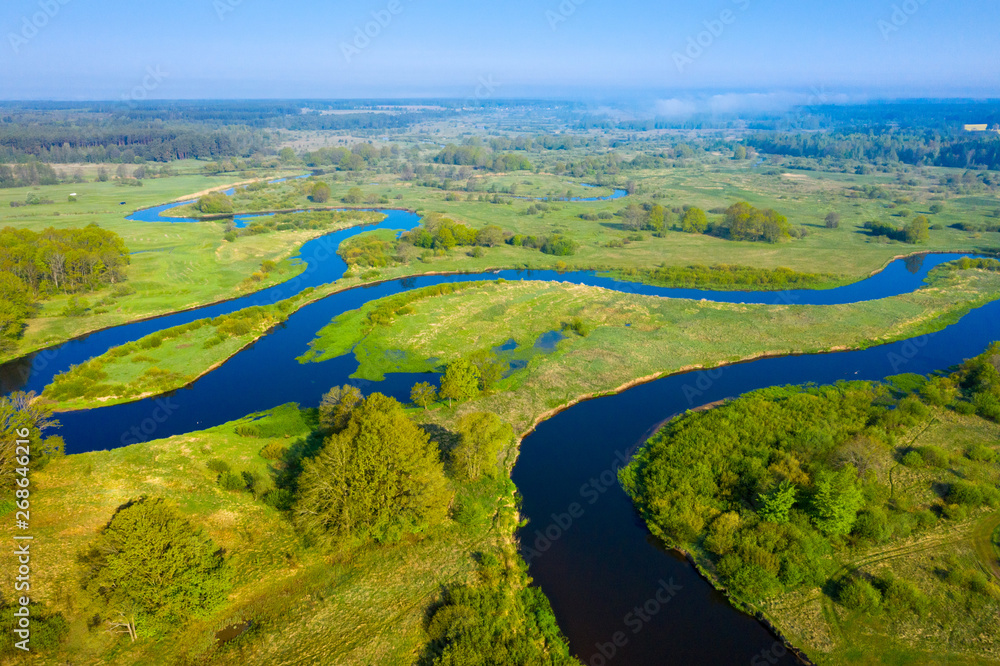 River aerial view. River nature on green meadow