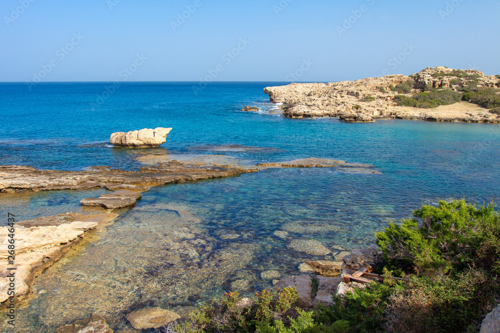 Sea landscape in Cyprus. Cyprus seascape on clear summer day. Blue Sea bay