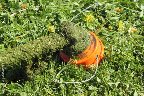Mower rotor bobbin with string on green grass background - gardrning, mowing