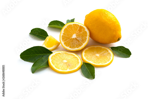 lemon with lime and leaves isolated on white background
