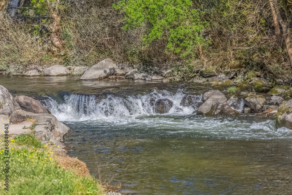 View of Dão river, with trees, rocks and vegetation on the banks, reflections in the water and bright colors