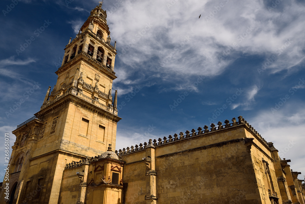 North side of Cordoba Mosque Cathedral with minaret now bell tower of Our Lady of the Assumption church