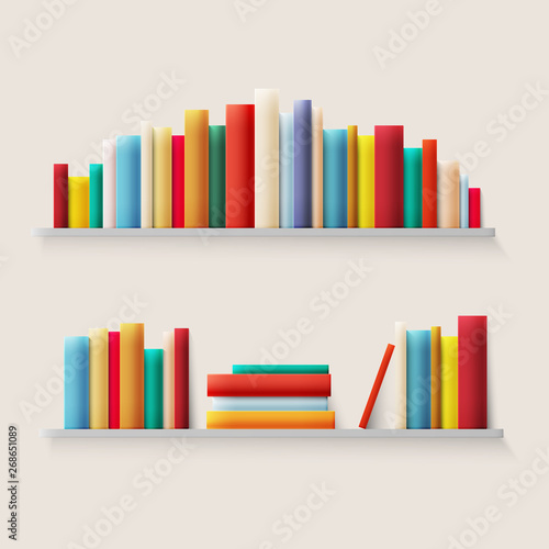 Library bookshelf with books. Books spine in retro color. Vector illustration