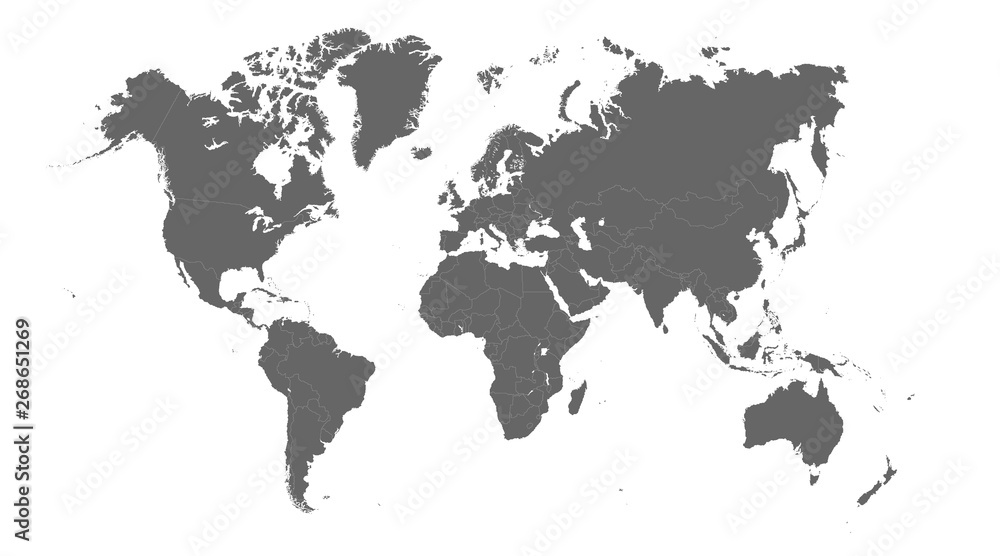 Fototapeta Światowej mapy Mono koloru Wysoki szczegół Oddzielał wszystkie kraje Wektorową ilustrację na białym tle
