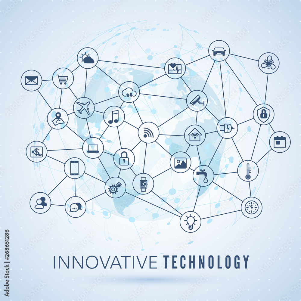 Internet of things. IOT concept. Global network connection. Monitoring and control smart systems icons on globe map background. Vector illustration Internet of things. IOT concept. Global network connection. Monitoring and control smart systems icons on globe map background. Vector illustration