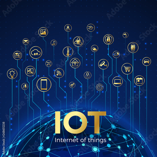 IOT concept. Internet of things. Global network connection. Monitoring and control smart systems icons. Vector illustration