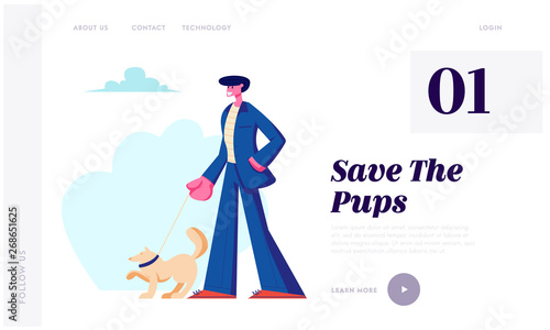 Man Walking with Dog Outdoors. Male Character in Formal Suit Spend Time with Pet, Relaxing with Puppy, People Love Animals Website Landing Page, Web Page. Cartoon Flat Vector Illustration, Banner