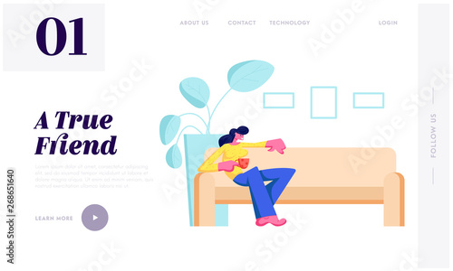 Young Woman Sitting on Couch with Cup in Hand at Home Relaxing after Work, Having Weekend Leisure, Sparetime, Visiting Friend Website Landing Page, Web Page. Cartoon Flat Vector Illustration, Banner