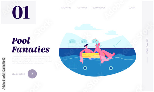 Summer Time Sparetime, Man Enjoying Cocktail Floating at Inflatable Ring in Swimming Pool. Tourist Relaxing on Resort, Leisure Website Landing Page, Web Page. Cartoon Flat Vector Illustration, Banner