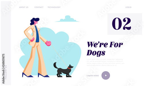 Woman Walking with Dog in Park. Spending Time with Pet Outdoors on Summer Time. Relax, Leisure, Communication with Animals Website Landing Page, Web Page. Cartoon Flat Vector Illustration, Banner