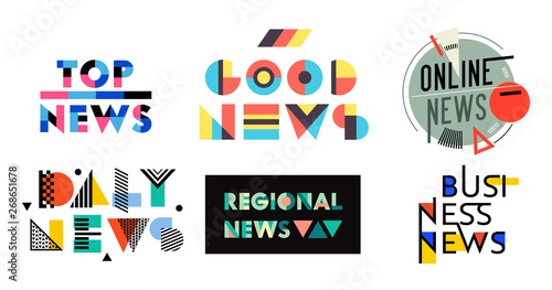 News Geometric Labels  Badges  Quotes Set. Top  Good  Online  Daily  Regional  Business News  Media Design Elements  Magazine Typography Message  Information Stickers  Signs Icons. Vector Illustration