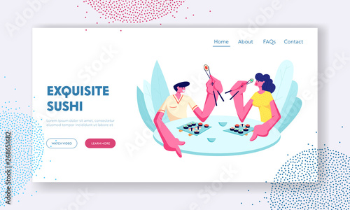 Young Happy Couple Eating Sushi and Rolls with Sticks in Japanese Cafe or Restaurant. Dating, Weekend Leisure, Rest, Sparetime. Website Landing Page, Web Page. Cartoon Flat Vector Illustration, Banner