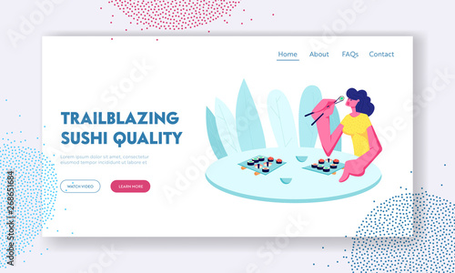 Girl Eating Sushi and Rolls with Chopsticks in Restaurant. Young Happy Female Character Enjoying Japanese Food, Weekend Leisure Website Landing Page, Web Page. Cartoon Flat Vector Illustration, Banner
